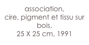 association,
cire, pigment et tissu sur bois,
25 X 25 cm, 1991 