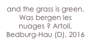 and the grass is green,
Was bergen les nuages ? Artoll, 
Bedburg-Hau (D), 2016