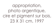 appropriation,
photo argentique,
cire et pigment sur bois,
23 X 31 cm, 1997